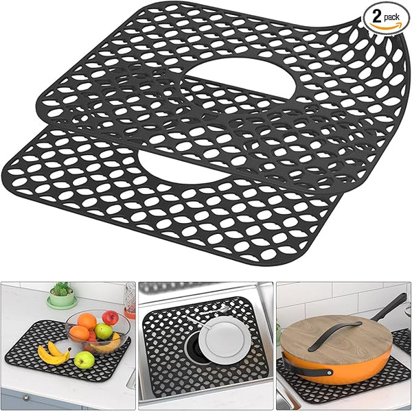 TOOVEM Silicone Sink Mats – 2PCS, Non-Slip, Heat Resistant (Black, Center Drain)